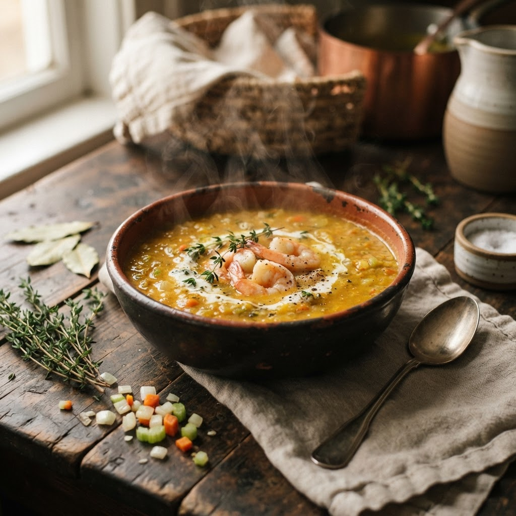 Bisque de camarones servida en un tazón rústico