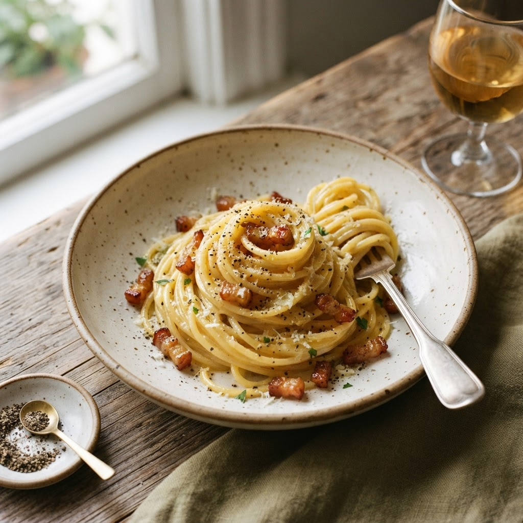 Espaguetis a la carbonara con guanciale y pecorino
