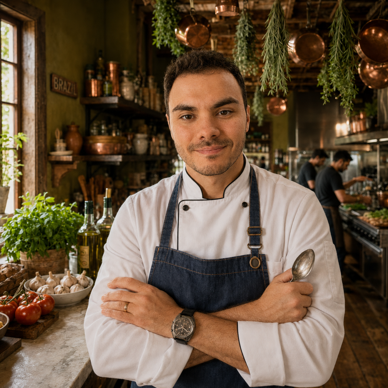 Retrato do Chef Vinicius Vieira em sua cozinha