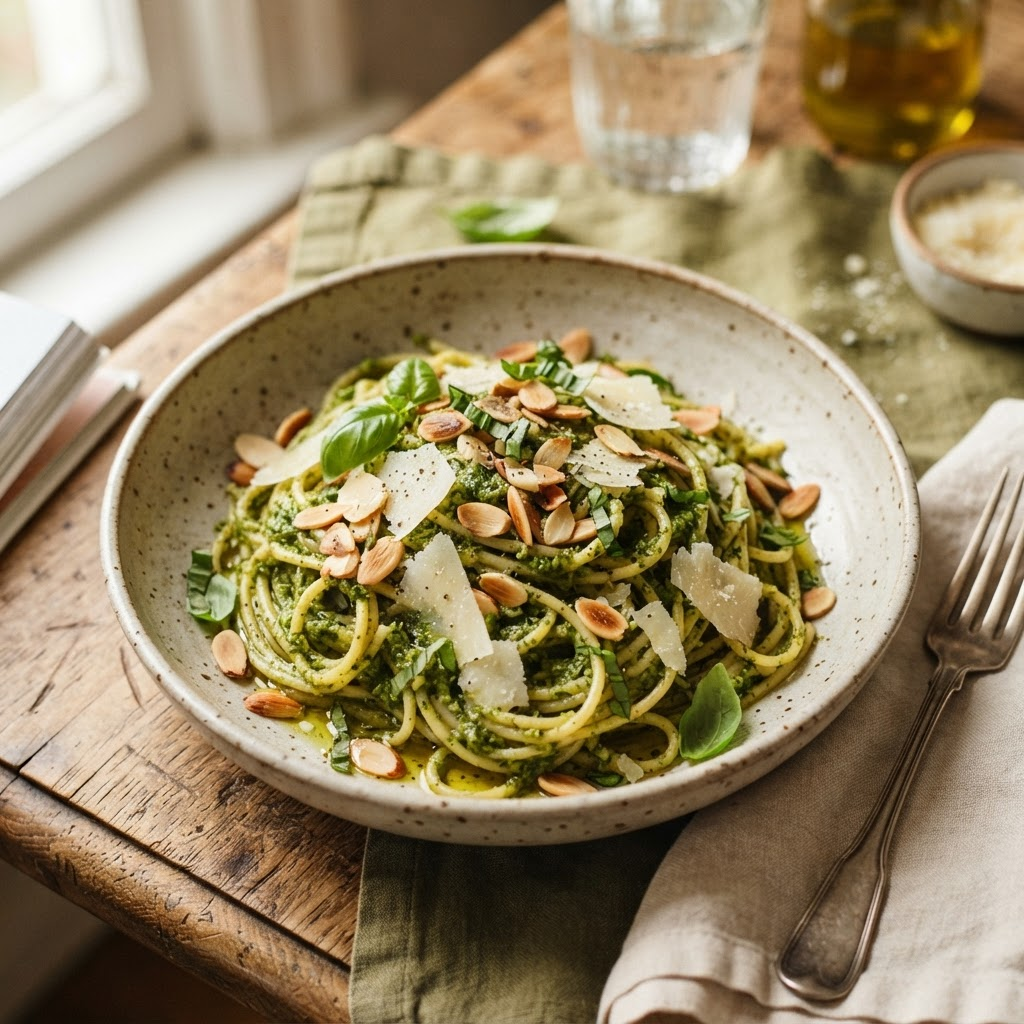 Espaguetis con salsa pesto de albahaca y nueces